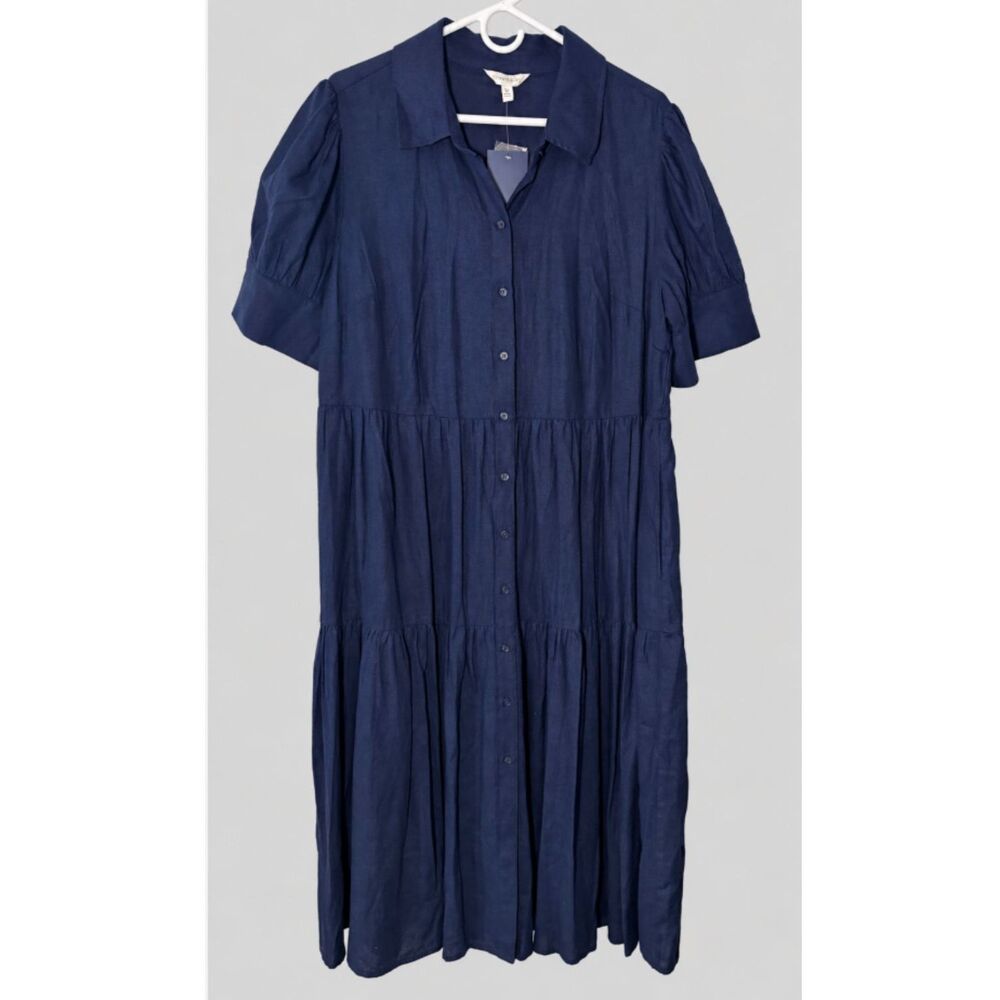 Crown & Ivy 1X Navy Linen Boho Tiered Midi Shirt Dress Puff Sleeves Pockets NWT